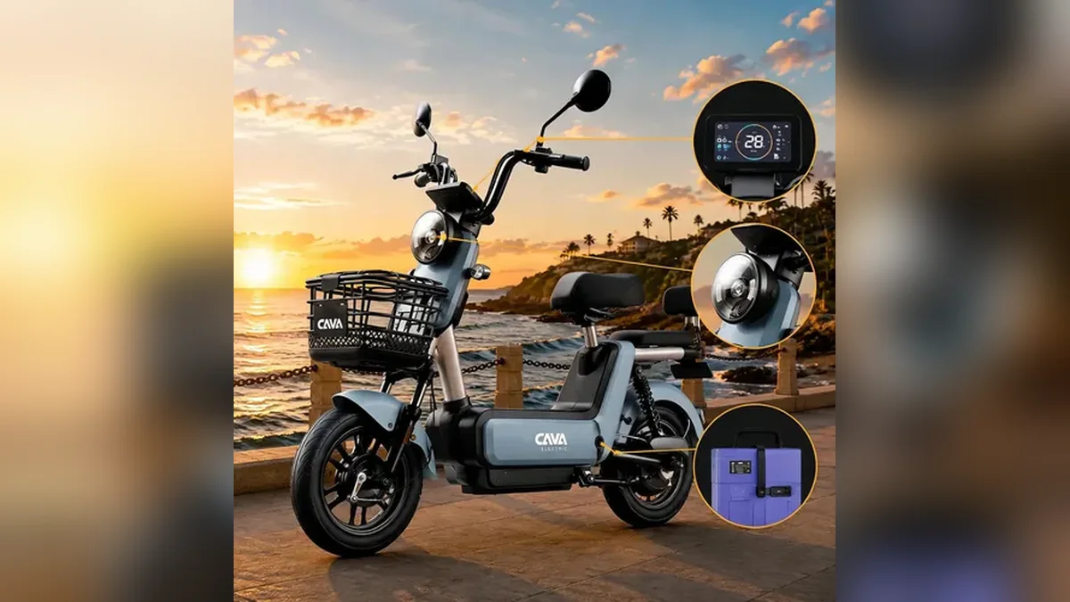 Detalhe do painel, farol e bateria removível de uma bicicleta elétrica scooter cinza ao pôr do sol