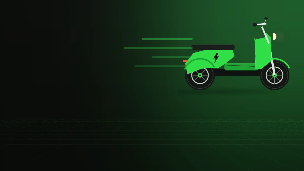 Silhueta de scooter elétrica com raio verde sobre fundo escuro