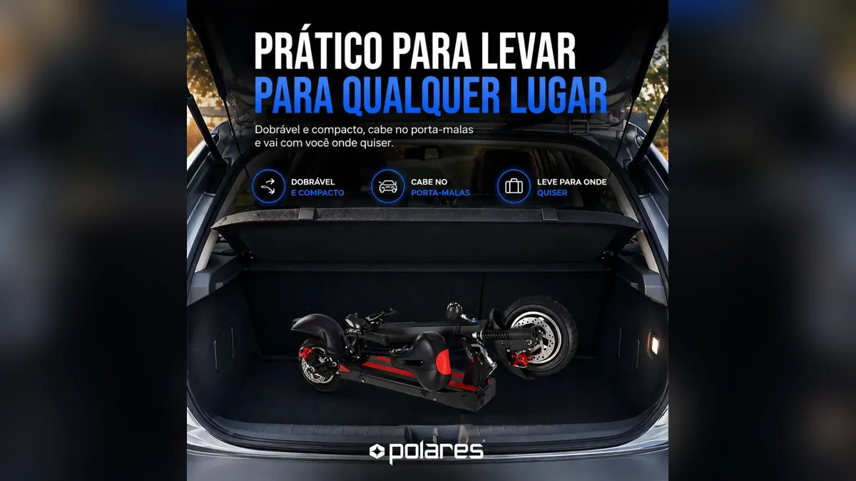 Patinete elétrico Polares T10PRO dobrado dentro do porta-malas de um carro, cena de uso da melhor scooter elétrica para o dia a dia
